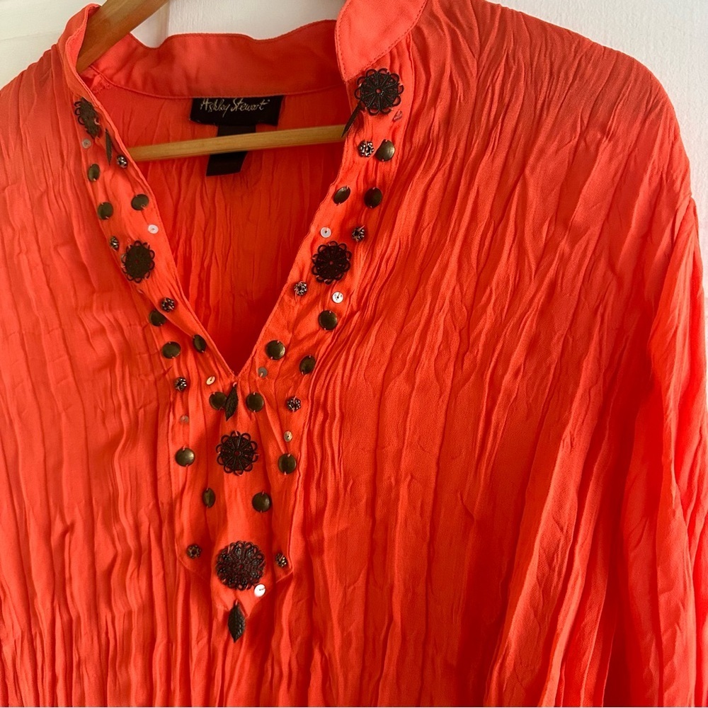 Vintage Ashley Stewart Plisse Rushed Beaded Collar Tunic Boho Top Orange Red 2X - Picture 4 of 7